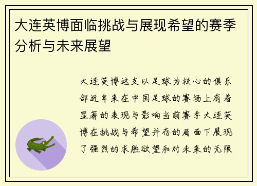 大连英博面临挑战与展现希望的赛季分析与未来展望