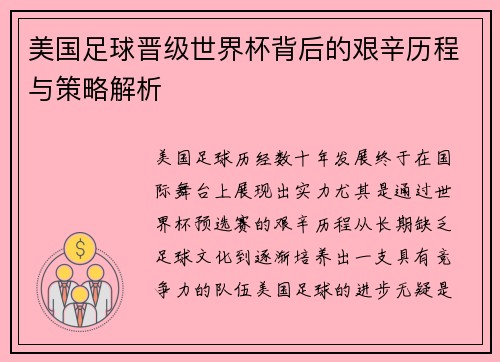 美国足球晋级世界杯背后的艰辛历程与策略解析