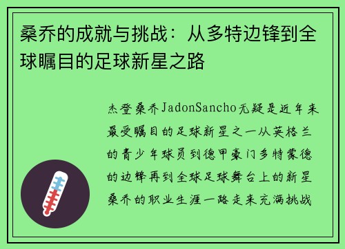 桑乔的成就与挑战：从多特边锋到全球瞩目的足球新星之路