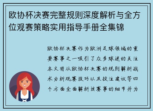 欧协杯决赛完整规则深度解析与全方位观赛策略实用指导手册全集锦
