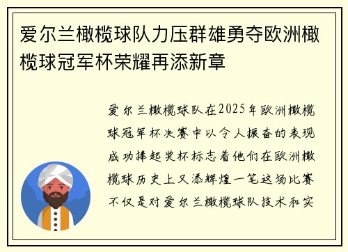 爱尔兰橄榄球队力压群雄勇夺欧洲橄榄球冠军杯荣耀再添新章