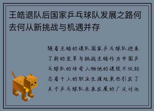 王皓退队后国家乒乓球队发展之路何去何从新挑战与机遇并存